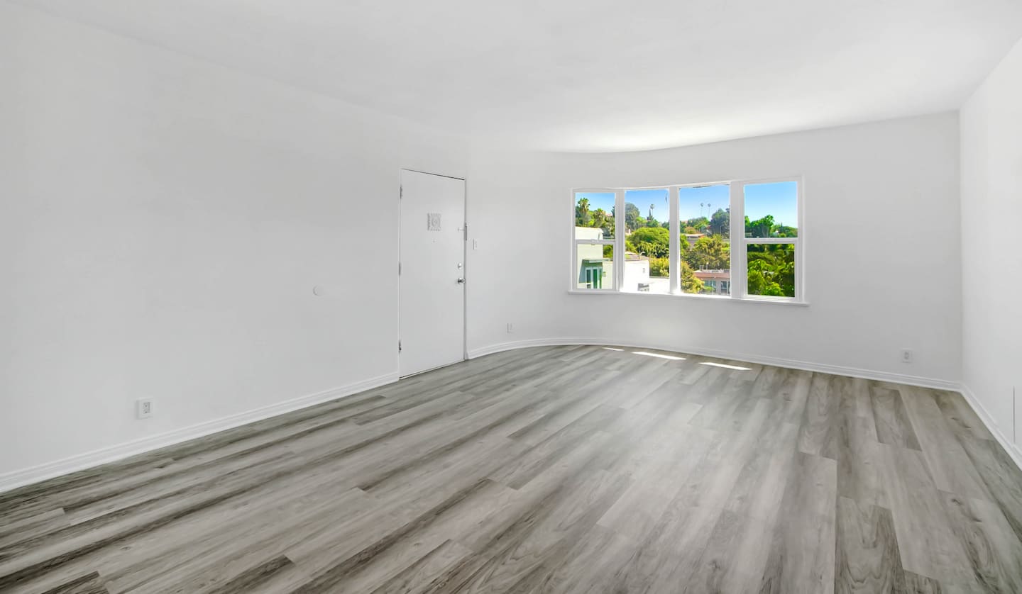 Bright living room at Wilcox Apartments