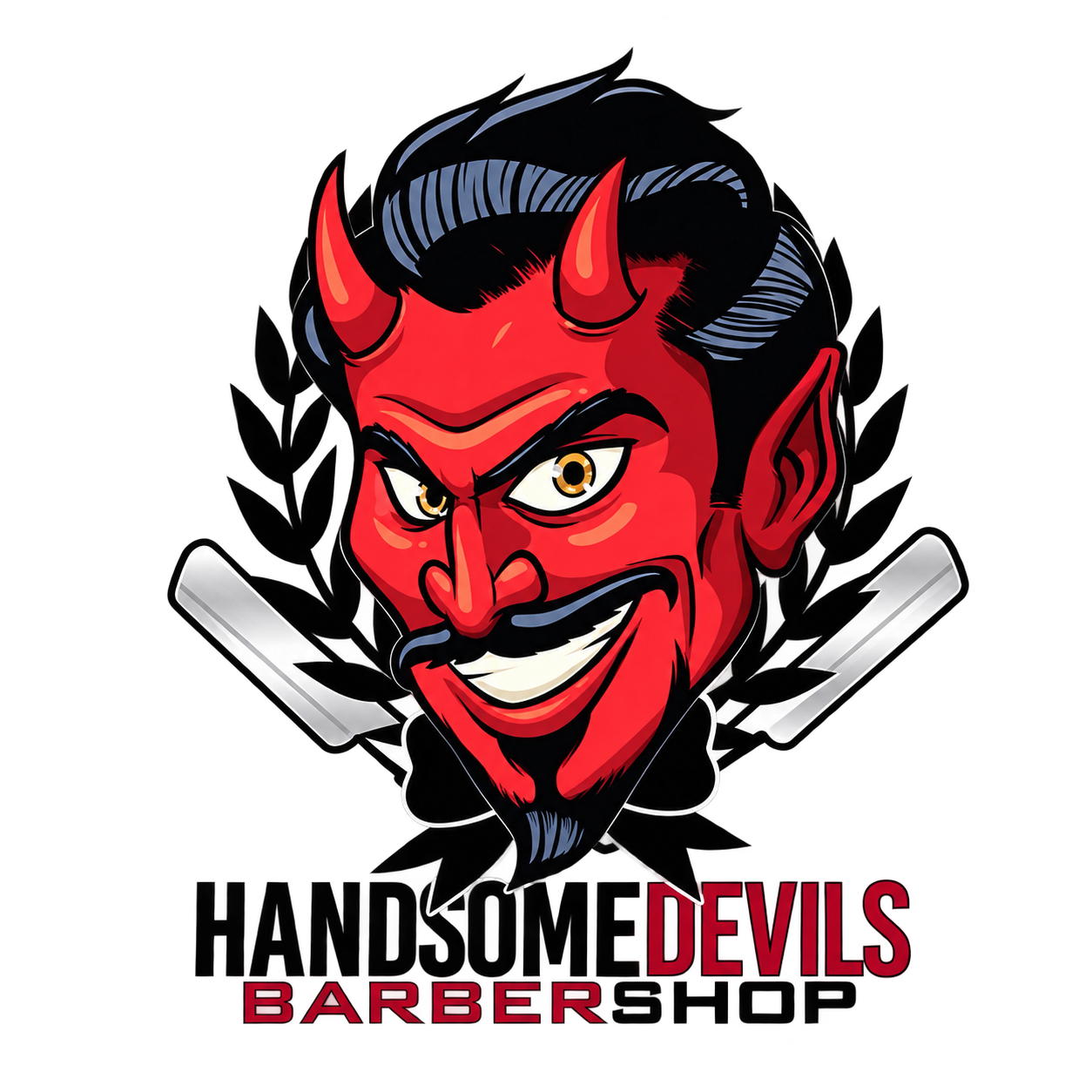 Handsome Devils Barbershop devil and straight razors logo